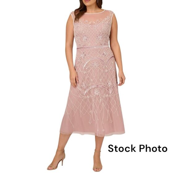 ADRIANNA PAPELL Beaded Ankle Length Dress Wm Sz 22W Ivory/Dusty Petal